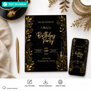Black & Gold Elegant Birthday Invitation Card Template
